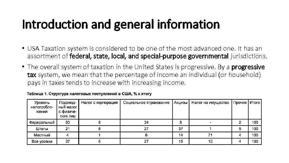 Introduction and general information • USA Taxation system is considered to be one of