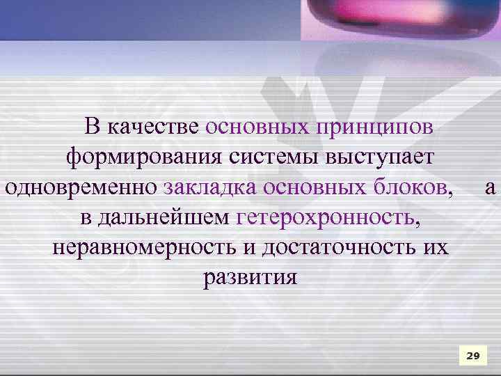  В качестве основных принципов формирования системы выступает одновременно закладка основных блоков, а в