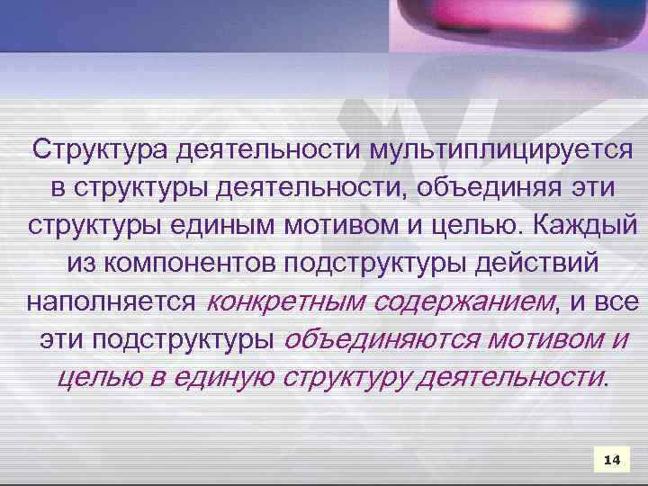 Структура деятельности мультиплицируется в структуры деятельности, объединяя эти структуры единым мотивом и целью. Каждый