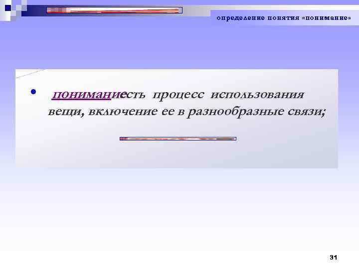 определение понятия «понимание» • понимание есть процесс использования вещи, включение ее в разнообразные связи;