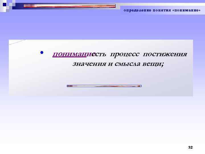 определение понятия «понимание» • понимание есть процесс постижения значения и смысла вещи; 32 