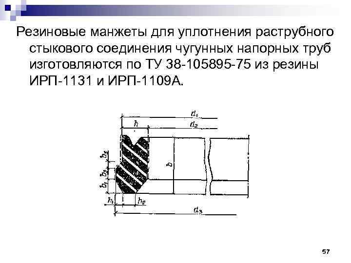 Резиновые манжеты для уплотнения раструбного стыкового соединения чугунных напорных труб изготовляются по ТУ 38