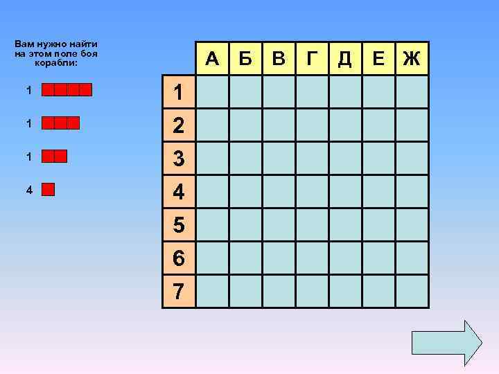 Вам нужно найти на этом поле боя корабли: А Б В 1 1 1