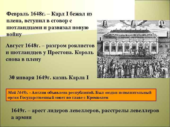 Февраль 1648 г. – Карл I бежал из плена, вступил в сговор с шотландцами