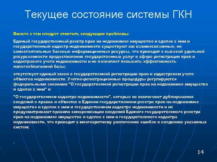 Текущее состояние системы ГКН Вместе с тем следует отметить следующие проблемы: Единый государственный реестр