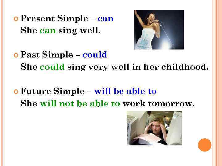  Present Simple – can She can sing well. Past Simple – could She