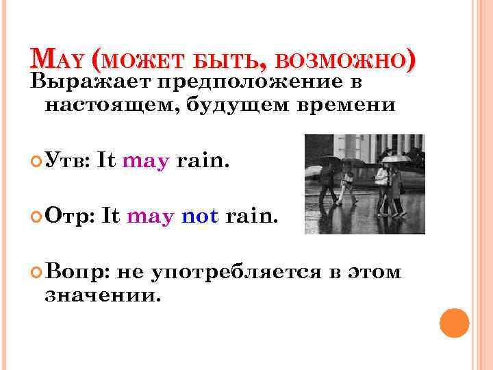MAY (МОЖЕТ БЫТЬ, ВОЗМОЖНО) Выражает предположение в настоящем, будущем времени Утв: It may rain.