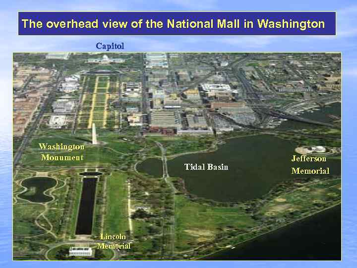 The overhead view of the National Mall in Washington Capitol Washington Monument Tidal Basin