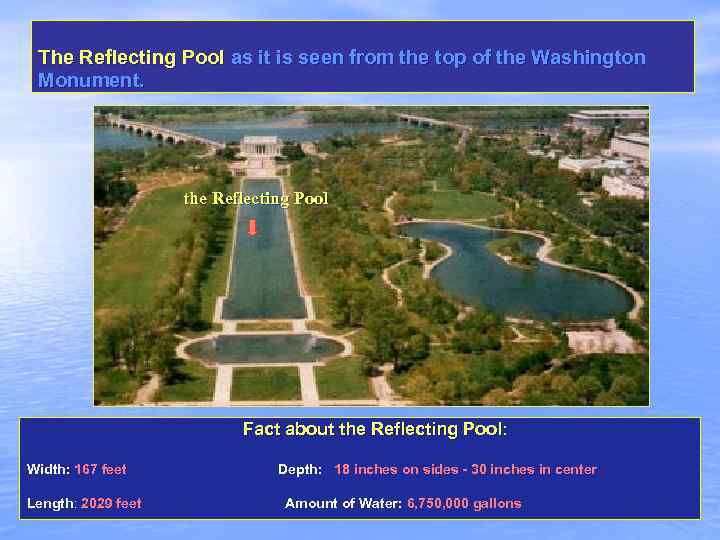 The Reflecting Pool as it is seen from the top of the Washington Monument.