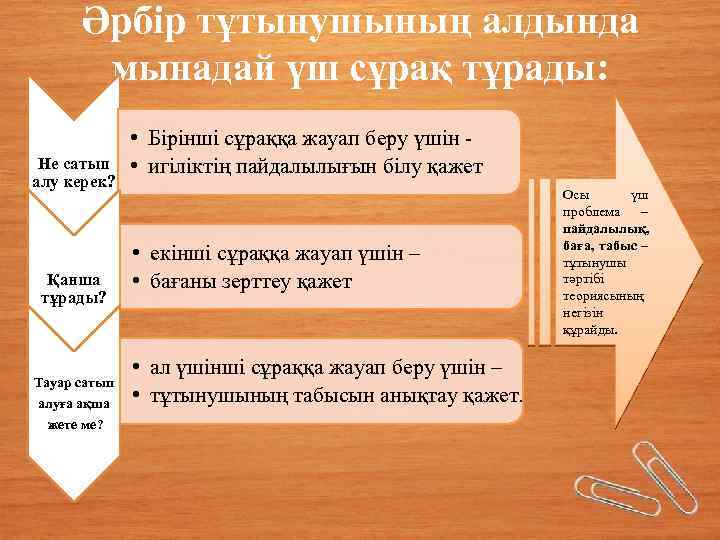 Әрбір тұтынушының алдында мынадай үш сұрақ тұрады: Не сатып алу керек? Қанша тұрады? Тауар