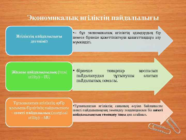 Экономикалық игіліктің пайдалылығы Игіліктің пайдалылығы дегеніміз Жалпы пайдалылылық (total utility) – TU, • –