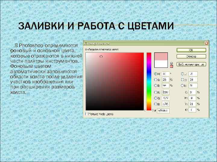 ЗАЛИВКИ И РАБОТА С ЦВЕТАМИ В Photoshop определяются фоновый и основной цвета, которые отражаются