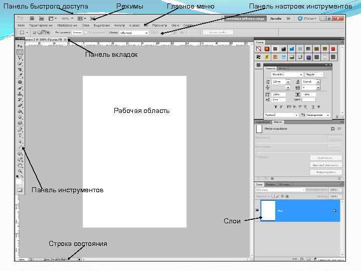 Панель быстрого доступа Режимы Главное меню Панель настроек инструментов Панель вкладок Рабочая область Панель