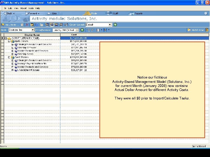 Notice our fictitious Activity-Based Management Model (Solutions, Inc. ) for current Month (January 2006)