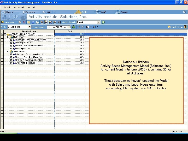 Notice our fictitious Activity-Based Management Model (Solutions, Inc. ) for current Month (January 2006),