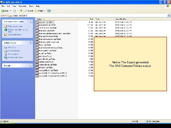 Notice The Export generated The SAS Datasets/Tables output. 