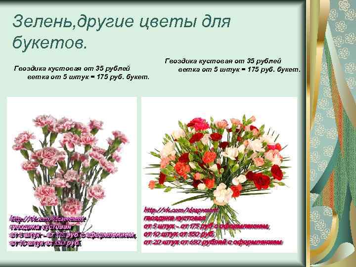 Зелень, другие цветы для букетов. Гвоздика кустовая от 35 рублей ветка от 5 штук