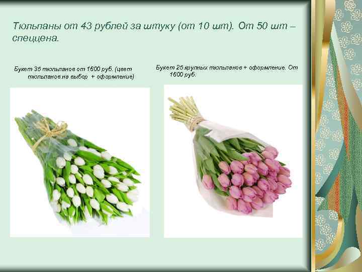 Тюльпаны от 43 рублей за штуку (от 10 шт). От 50 шт – спеццена.
