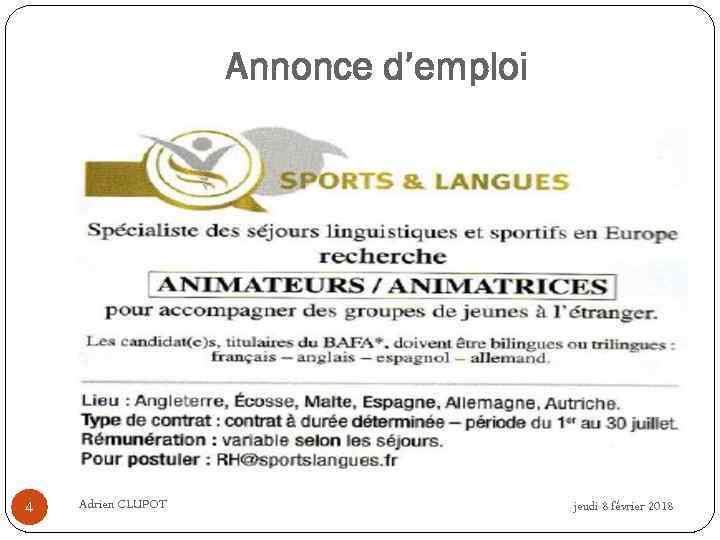 Annonce d’emploi 4 Adrien CLUPOT jeudi 8 février 2018 