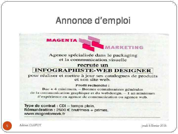 Annonce d’emploi 5 Adrien CLUPOT jeudi 8 février 2018 