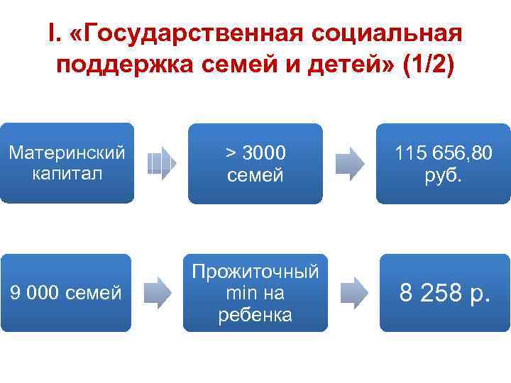 I. «Государственная социальная поддержка семей и детей» (1/2) Материнский капитал > 3000 семей 115