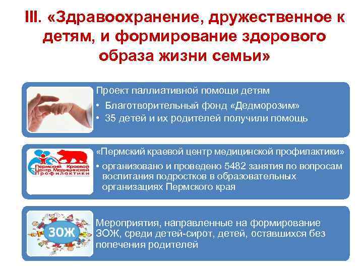 III. «Здравоохранение, дружественное к детям, и формирование здорового образа жизни семьи» Проект паллиативной помощи