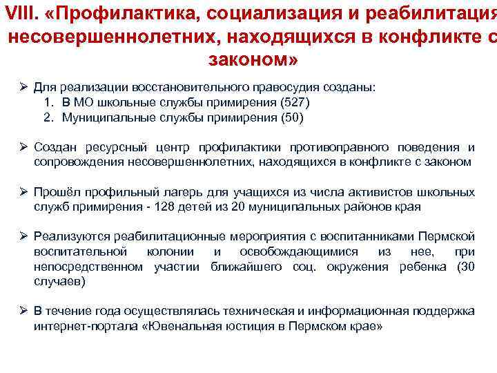 VIII. «Профилактика, социализация и реабилитация несовершеннолетних, находящихся в конфликте с законом» Ø Для реализации