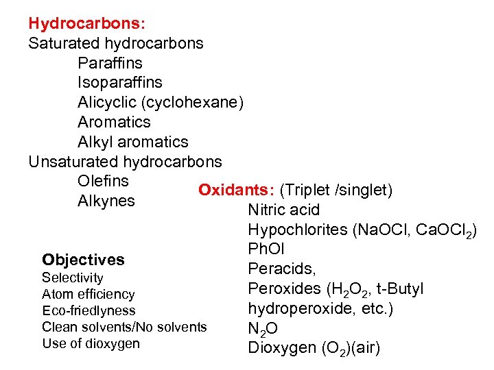 Hydrocarbons: Saturated hydrocarbons Paraffins Isoparaffins Alicyclic (cyclohexane) Aromatics Alkyl aromatics Unsaturated hydrocarbons Olefins Oxidants: