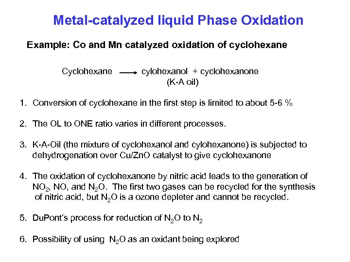 Metal-catalyzed liquid Phase Oxidation Example: Co and Mn catalyzed oxidation of cyclohexane Cyclohexane cylohexanol