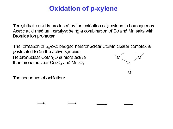 Oxidation of p-xylene Terephthalic acid is produced by the oxidation of p-xylene in homogneous