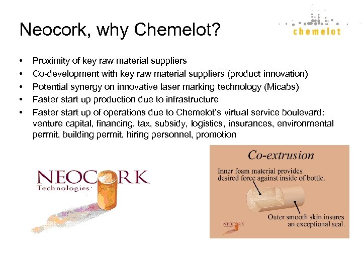 Neocork, why Chemelot? • • • Proximity of key raw material suppliers Co-development with