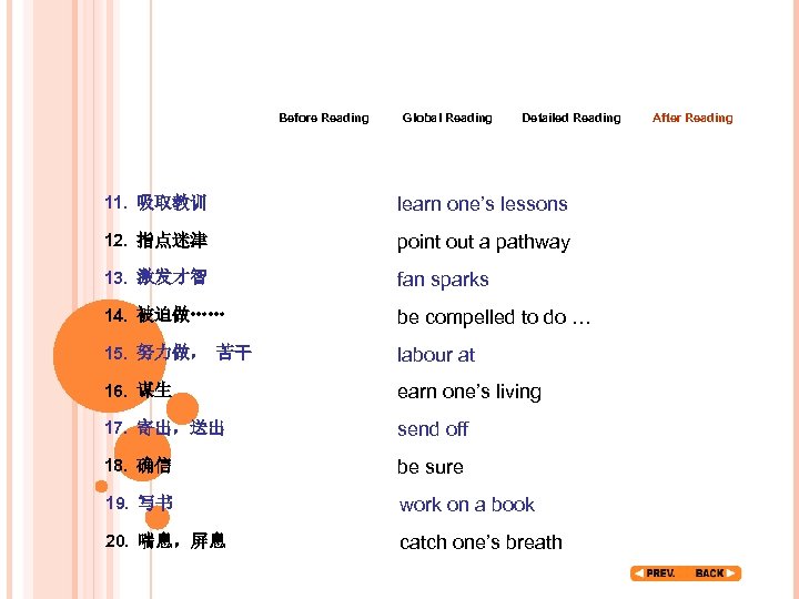 Before Reading Global Reading Detailed Reading 11. 吸取教训 learn one’s lessons 12. 指点迷津 point