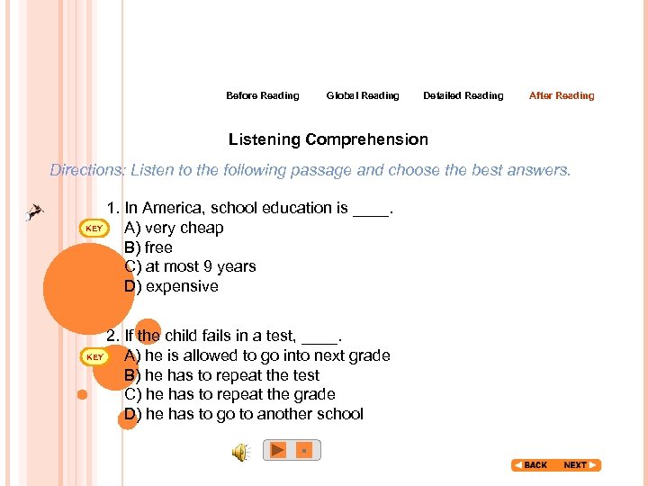 Before Reading Global Reading Detailed Reading After Reading Listening Comprehension Directions: Listen to the