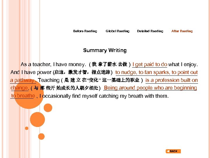 Before Reading Global Reading Detailed Reading After Reading Summary Writing As a teacher, I