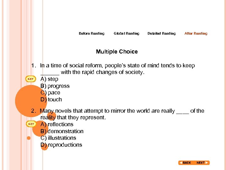 Before Reading Global Reading Detailed Reading After Reading Multiple Choice 1．In a time of