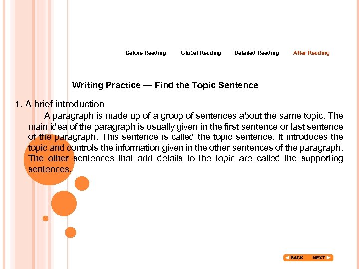 Before Reading Global Reading Detailed Reading After Reading Writing Practice — Find the Topic