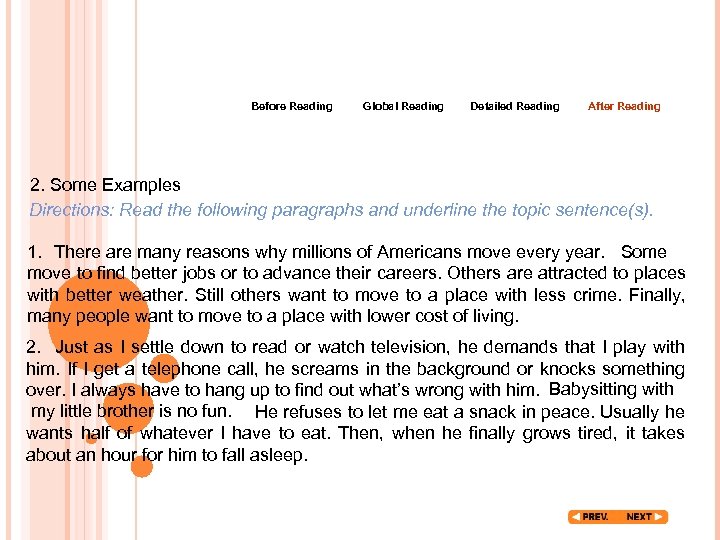 Before Reading Global Reading Detailed Reading After Reading 2. Some Examples Directions: Read the