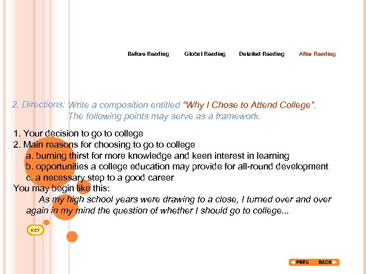 Before Reading Global Reading Detailed Reading After Reading 2. Directions: Write a composition entitled