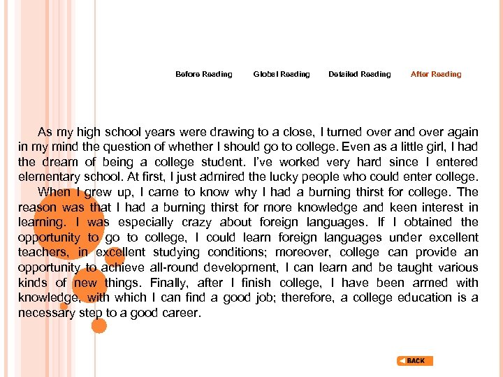 Before Reading Global Reading Detailed Reading After Reading As my high school years were