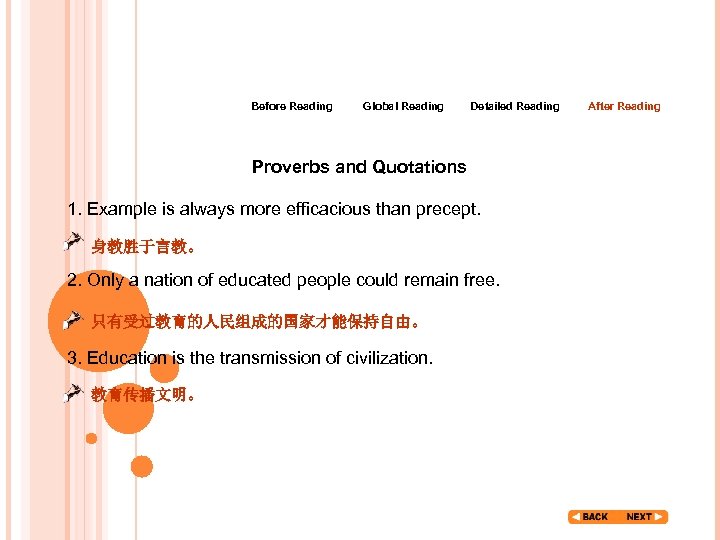 Before Reading Global Reading Detailed Reading Proverbs and Quotations 1. Example is always more