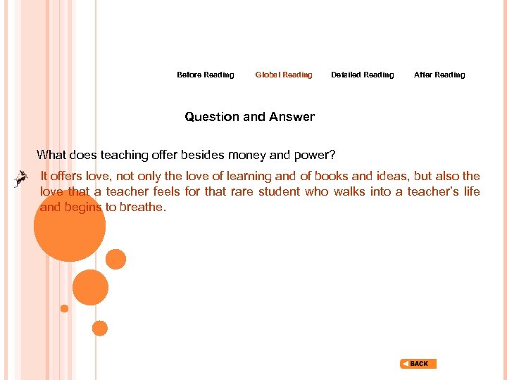 Before Reading Global Reading Detailed Reading After Reading Question and Answer What does teaching