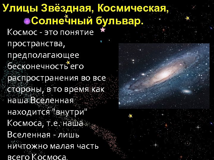 Улицы Звёздная, Космическая, Солнечный бульвар. Космос - это понятие пространства, предполагающее бесконечность его распространения