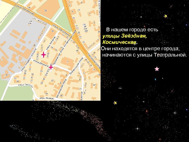  В нашем городе есть улицы Звёздная, Космическая. Они находятся в центре города, начинаются
