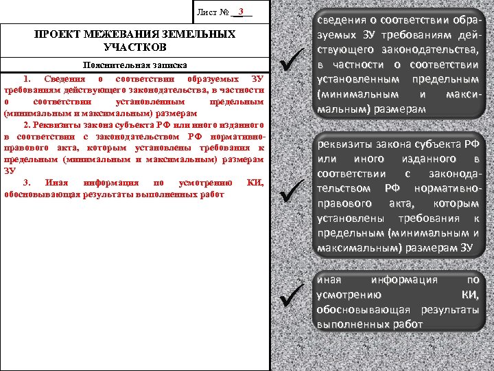 3 Лист № __ ПРОЕКТ МЕЖЕВАНИЯ ЗЕМЕЛЬНЫХ УЧАСТКОВ Пояснительная записка 1. Сведения о соответствии