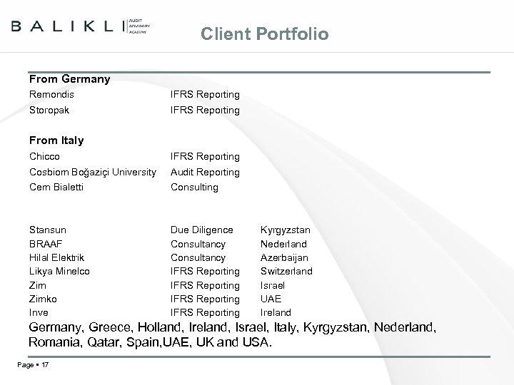 Client Portfolio From Germany Remondis IFRS Reporting Storopak IFRS Reporting From Italy Chicco IFRS