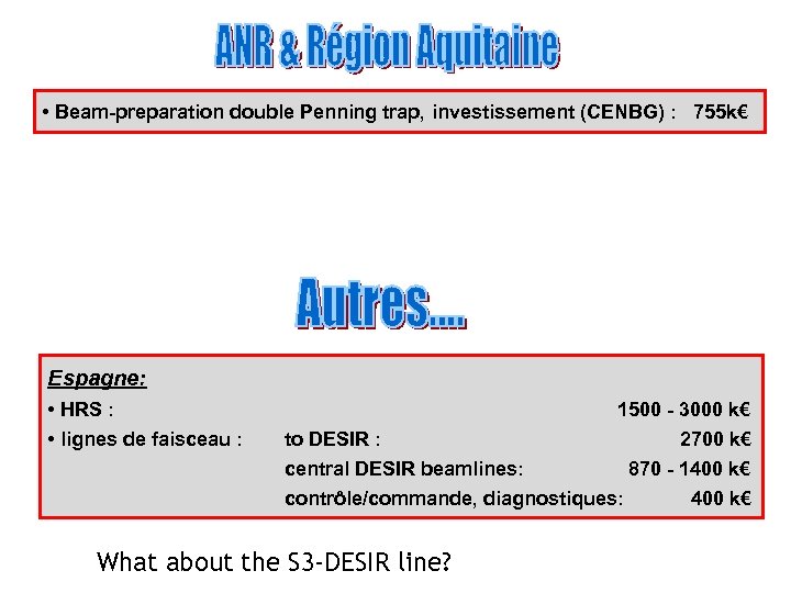  • Beam-preparation double Penning trap, investissement (CENBG) : 755 k€ Espagne: • HRS