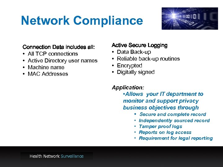 Network Compliance Connection Data includes all: • All TCP connections • Active Directory user