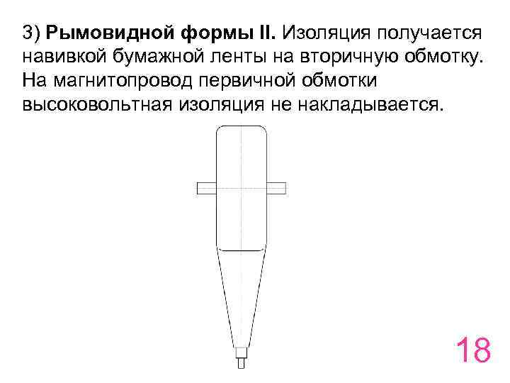3) Рымовидной формы II. Изоляция получается навивкой бумажной ленты на вторичную обмотку. На магнитопровод