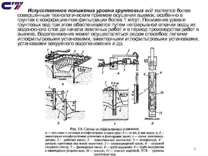 Искусственное понижение уровня грунтовых вод является более совершенным технологическим приемом осушения выемок, особенно в