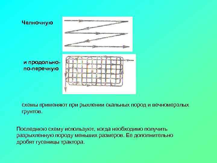 Челночную и продольно по перечную схемы применяют при рыхлении скальных пород и вечномерзлых грунтов.